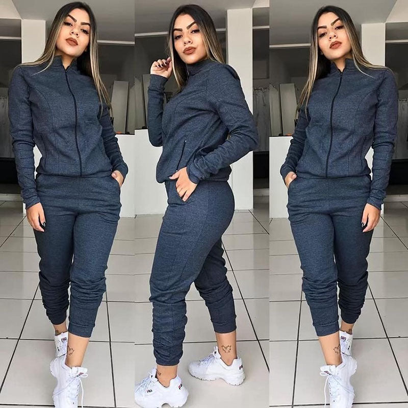 Womens Solid Color Long Sleeve Pants Suit Motion Twinset Two Pieces Fitness Clothing Casual Suit Two-piece Sets - Suwais.Fashion