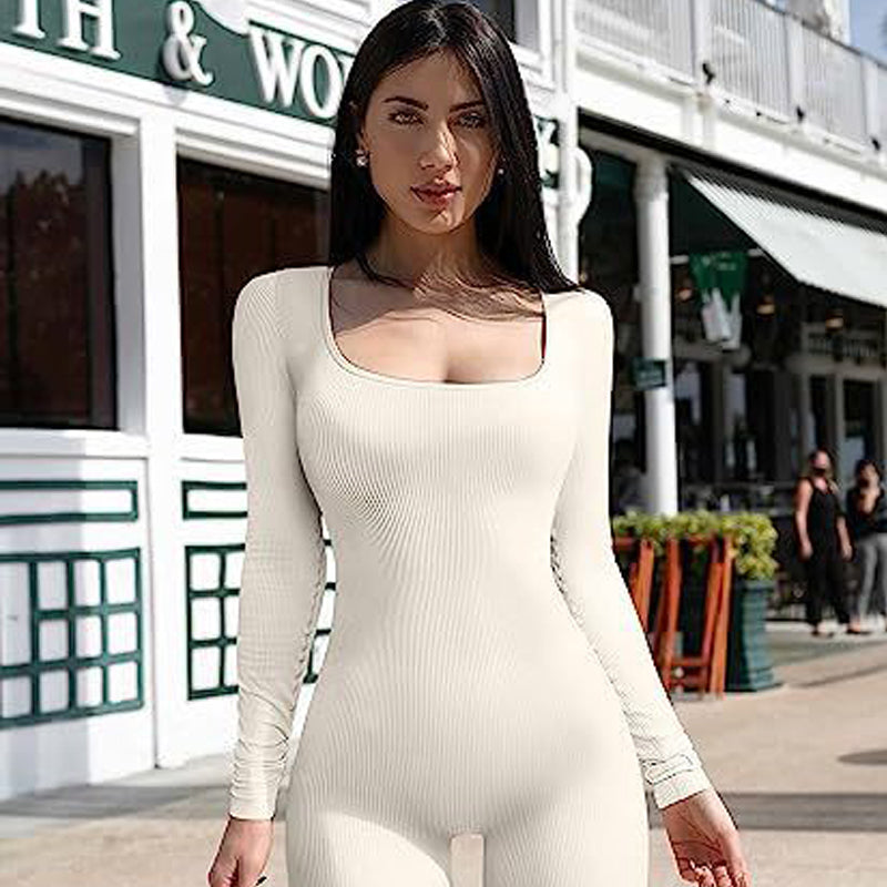 Women's Yoga Sports Fitness Jumpsuit Workout Long Sleeve Square Collar Clothing - Suwais.Fashion